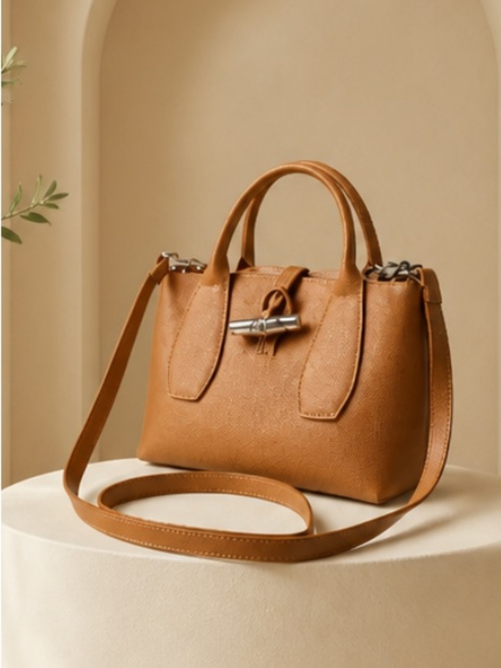 NWOT Longchamp Roseau 2 Way Camel Leather Satchel with Top Handle/ Crossbody Str